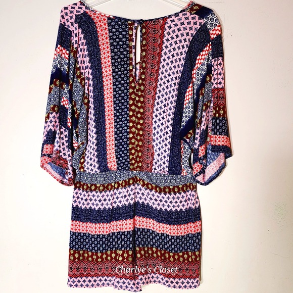 Venus Abstract‎ Print Boho Multicolor Bell Sleeve Romper M|Beach Vacation Lounge - Picture 2 of 10